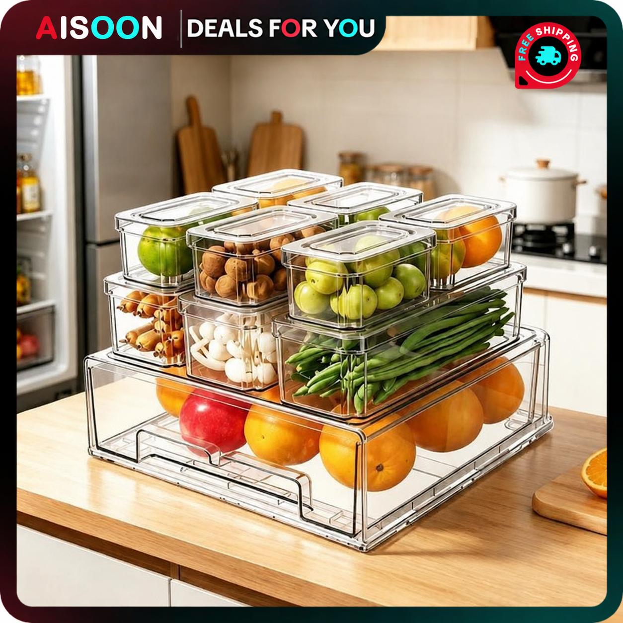 Food Storage Kitchen Cabinet - 10/14Pcs Fridge Organizer Bins with Lids