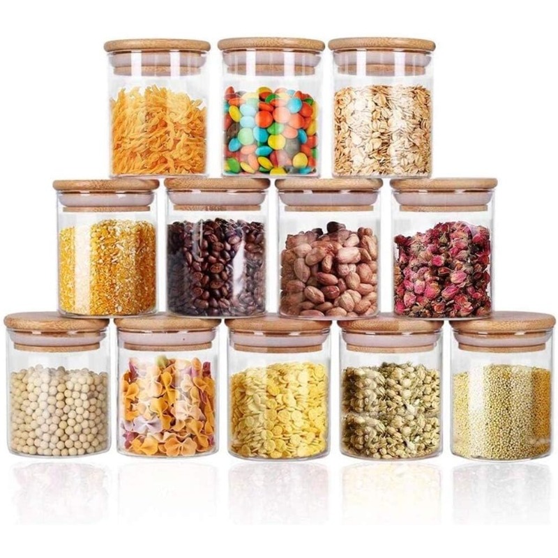 Food Storage Glass Container Set - 12 Glass Jars Set with Bamboo