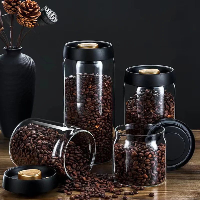Food Storage Glass Container Set - Coffee beans vacuum sealed jar, transparent