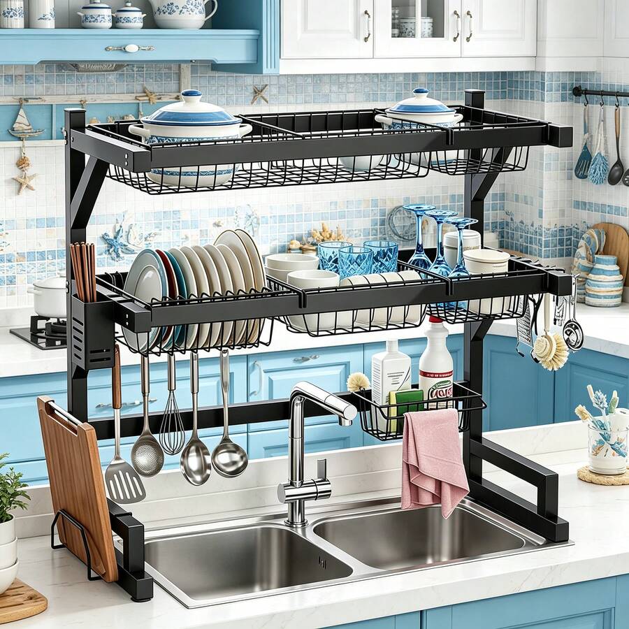 Food Storage Rack - 2-Tier Kitchen Over Sink Dish Rack,