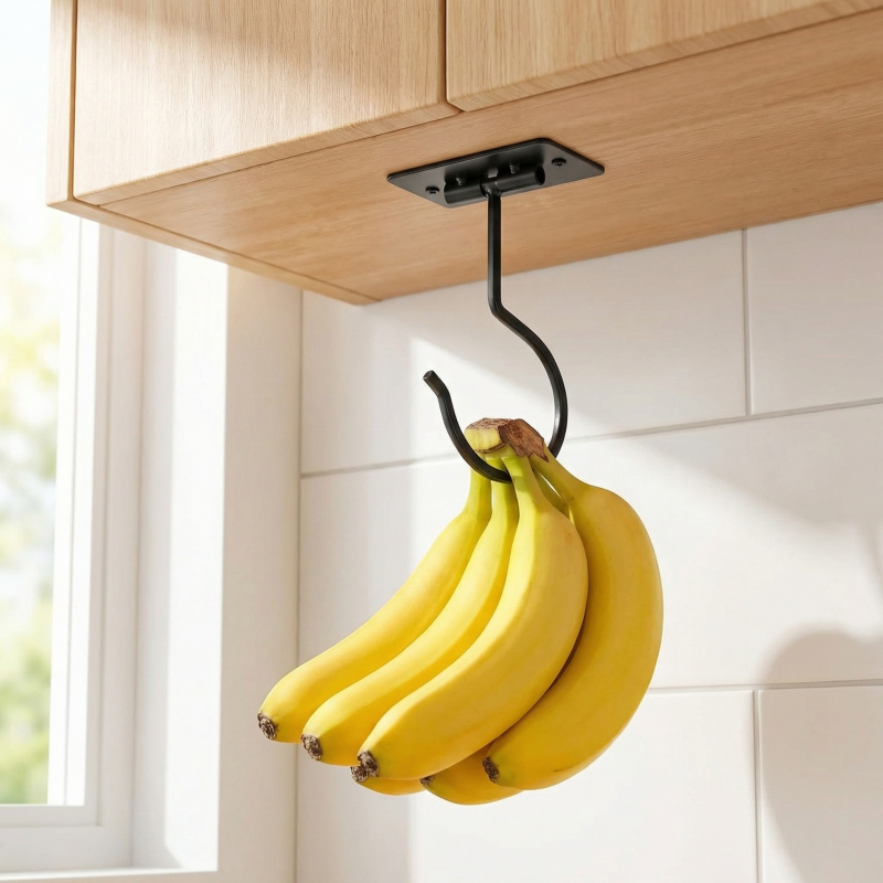 Food Storage Kitchen Cabinet - Black Metal Self-Adhesive Banana Hook Foldable
