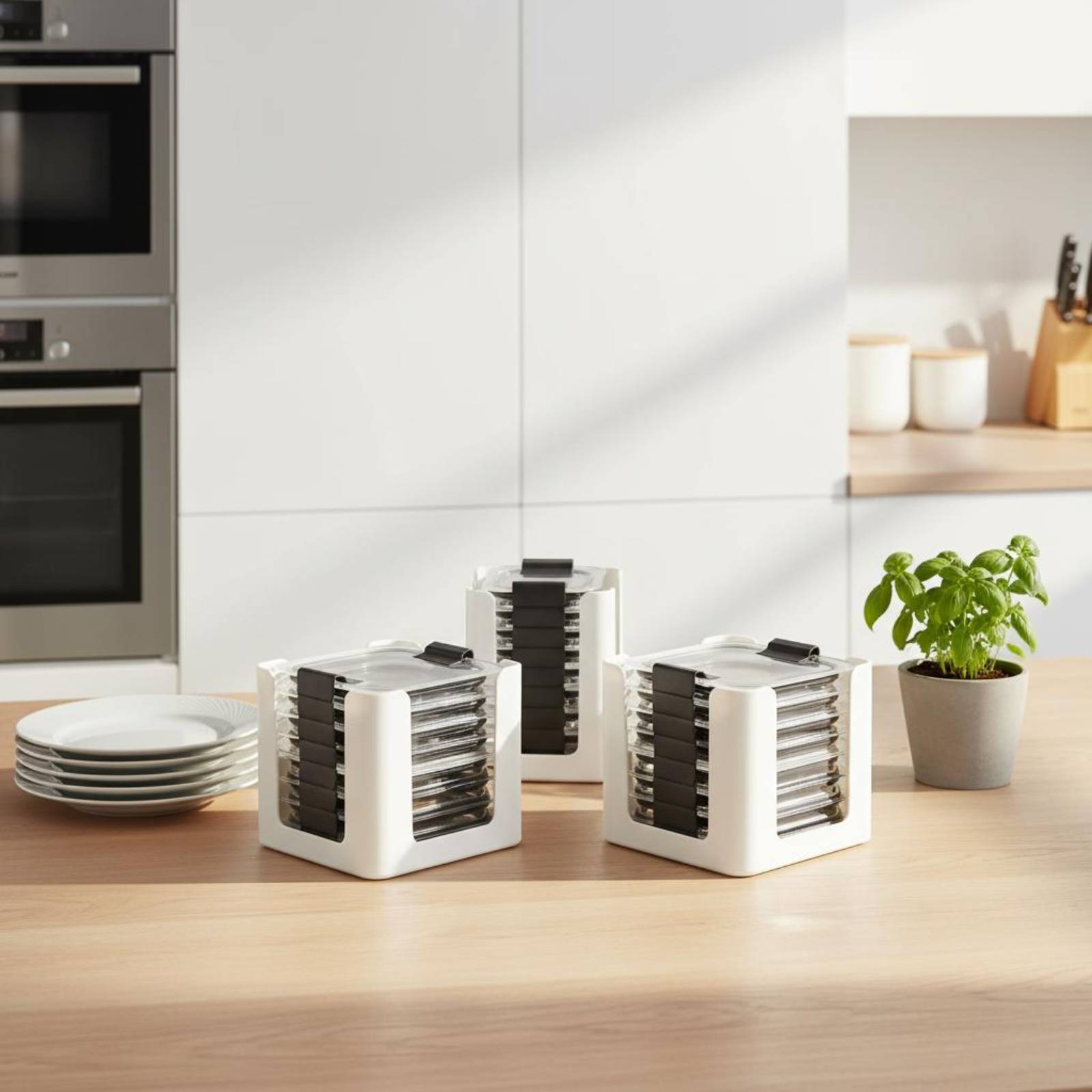 Food Storage Kitchen Cabinet - 3 Pieces Lid Storage Rack Rectangular