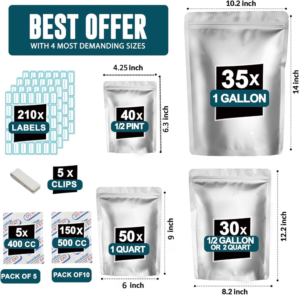 155 Mylar Bags with 155 Oxygen - Food Storage Labels recension och pris